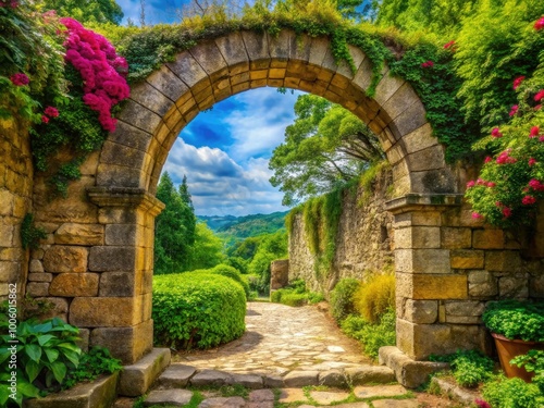 A magnificent stone archway adorned with vibrant green foliage, exemplifying the timeless beauty and allure of ancient architectural craftsmanship beneath the dappled sunlight.