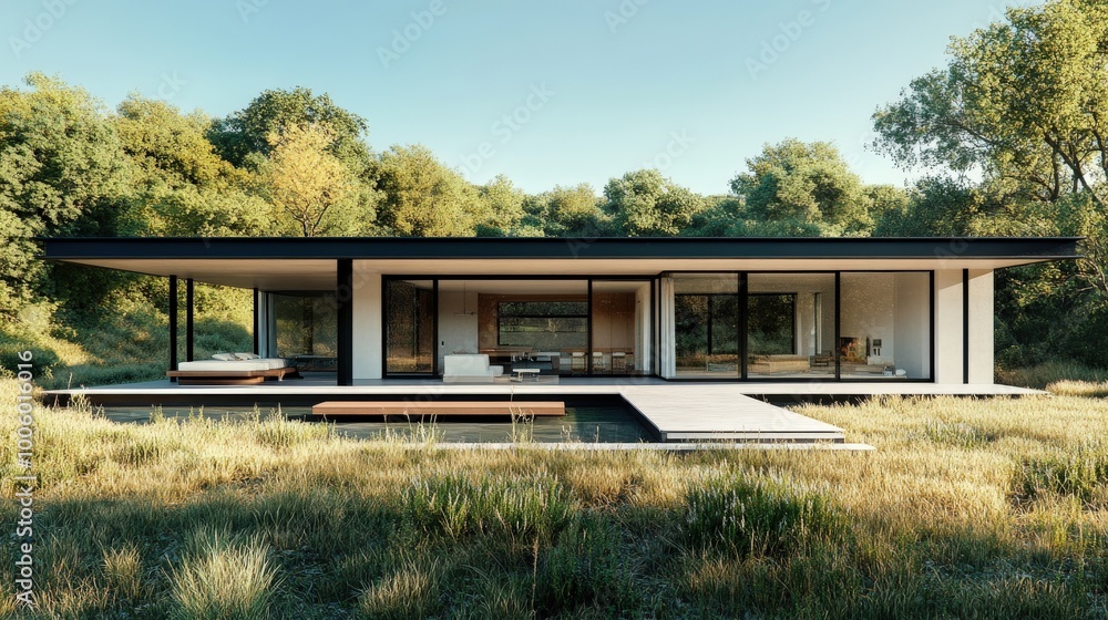 A minimalist home exterior with a flat roof, large windows, and a seamless connection to the surrounding landscape A minimalist home exterior with a flat roof, large windows, and a seamless connection to the surrounding landscape