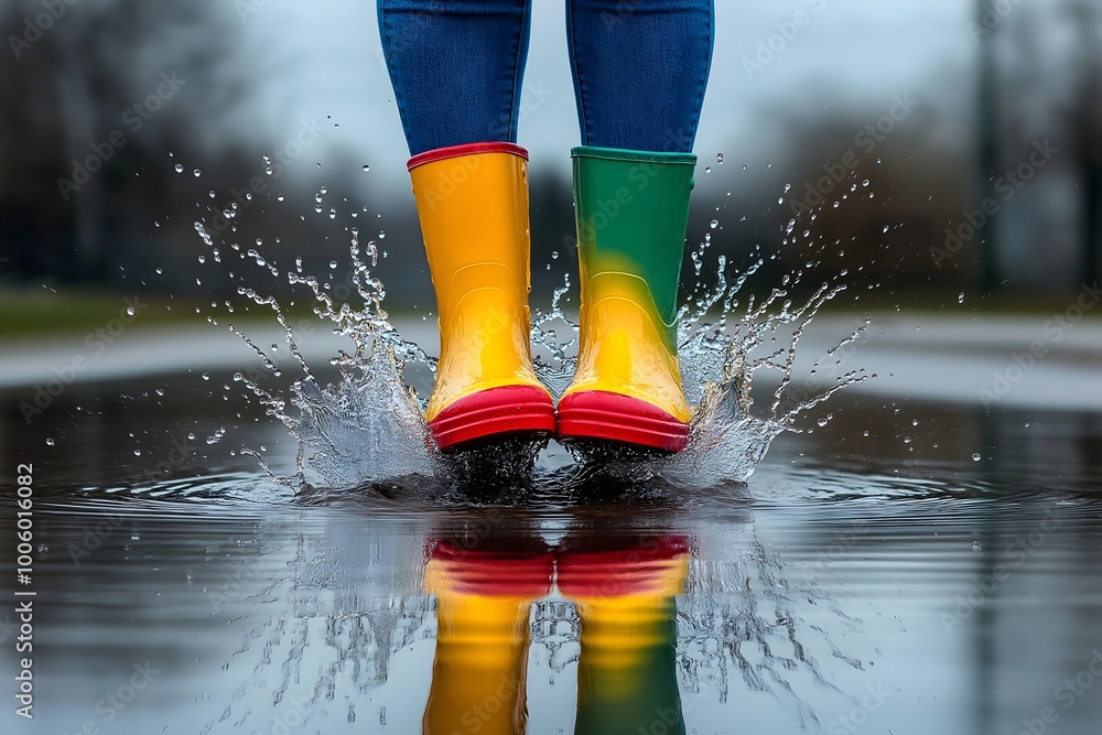 © Rebecca Jestico - Close-up shot of vibrant rain boots wellies jumping in a puddle sending splashes of water in all directions.