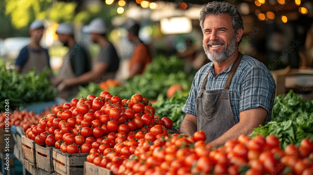 Smiling Farmer at Market Stall Smiling Farmer at Market Stall