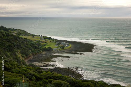 Panoramic view over Manu Bay at sunset. Raglan, New Zealand