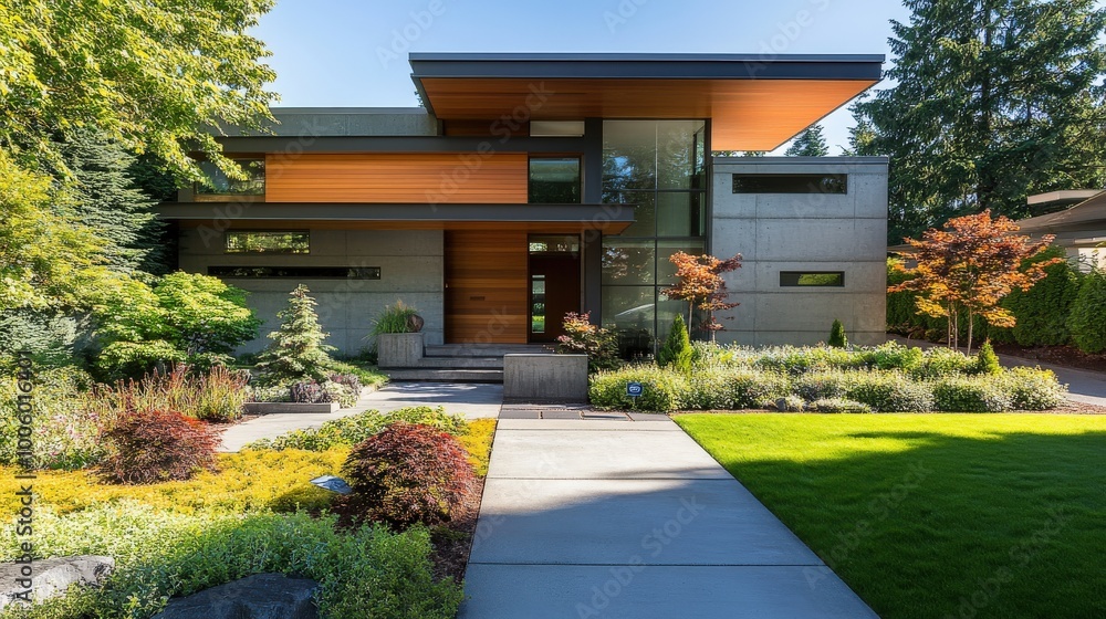 Naklejka premium A modern home exterior with clean lines, a mix of materials like wood and concrete, and a well-maintained garden