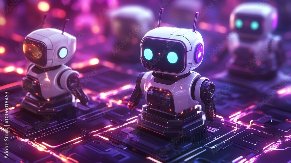 Fototapeta premium Futuristic Robot AI on Neon Circuit Board Artificial Intelligence Technology