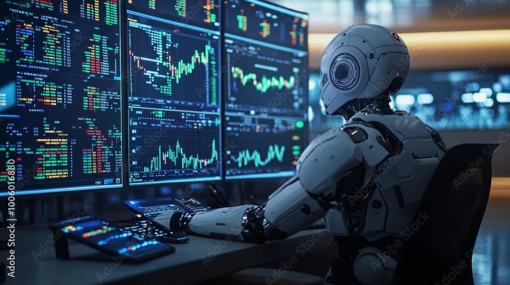 AI Robot Analyzing Financial Data on Multiple Screens AI Robot Analyzing Financial Data on Multiple Screens
