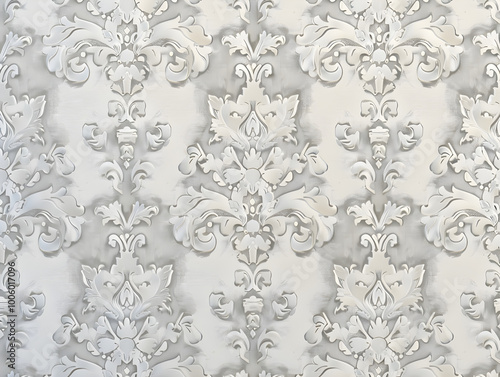 Elegant vintage damask pattern with a shimmering metallic silver accent for a luxurious touch.