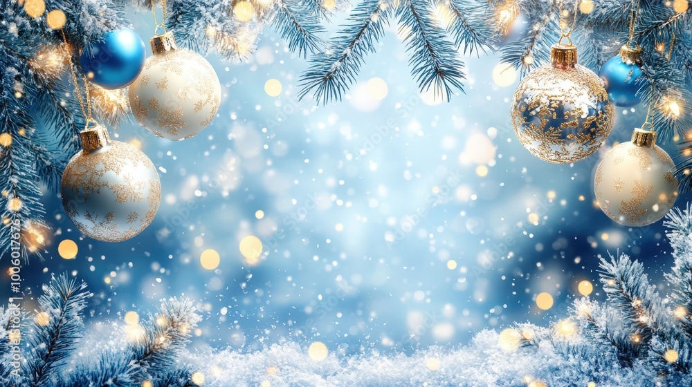 Festive Winter Scene with Ornaments and Snowflakes Festive Winter Scene with Ornaments and Snowflakes