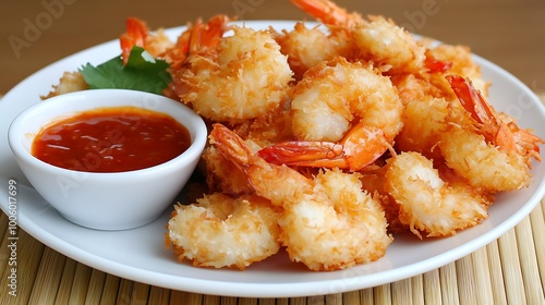 A plate of crispy coconut shrimp served with a sweet chili dipping sauce