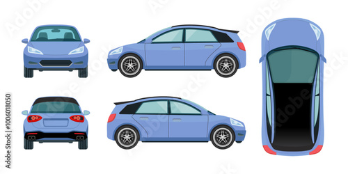 Stylish Modern Sportscar and Hatchback: Cartoon SUV Vehicle Vector with Front, Side, Rear, Top, and Back Views. Vector.
