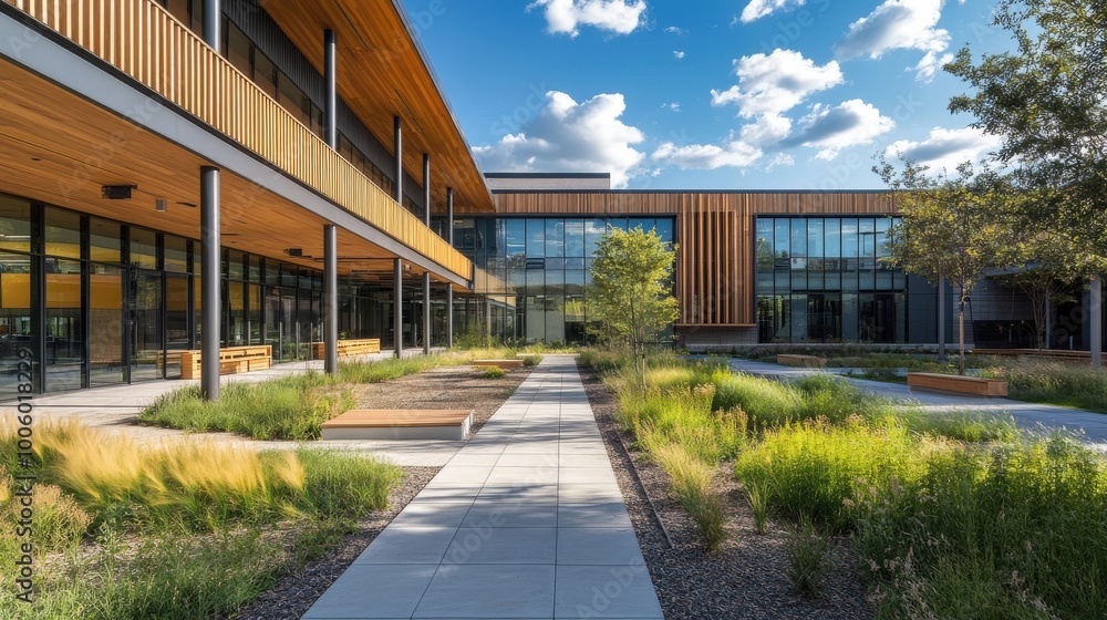 A school building designed with sustainability in mind, featuring natural ventilation A school building designed with sustainability in mind, featuring natural ventilation