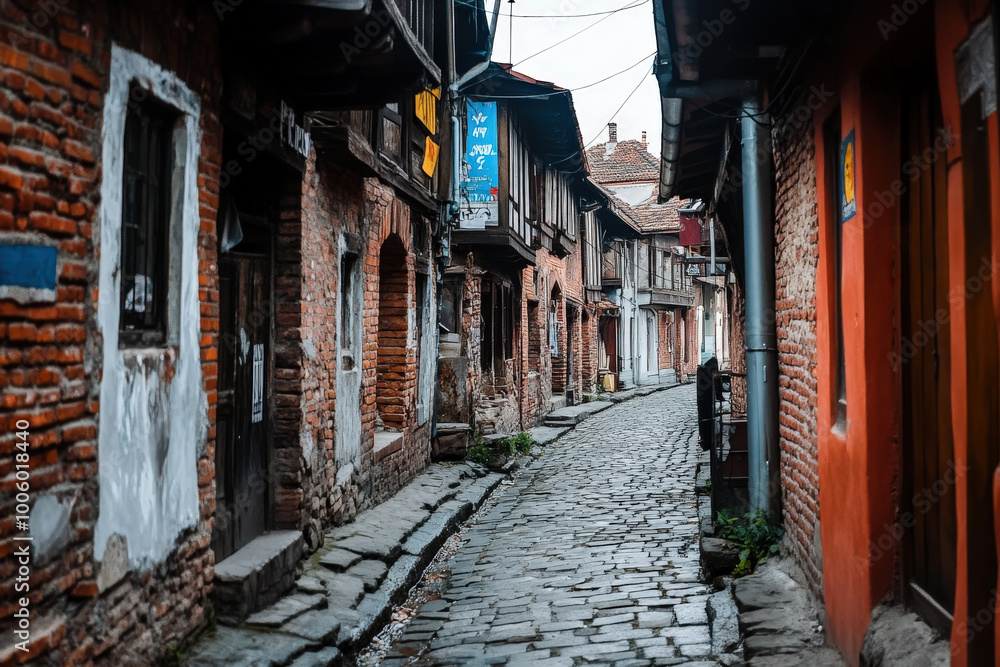 A narrow cobblestone street lined with rustic brick buildings, representing historical charm and quiet solitude in a quaint urban setting on a cloudy day. A narrow cobblestone street lined with rustic brick buildings, representing historical charm and quiet solitude in a quaint urban setting on a cloudy day.