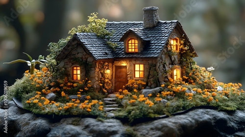 Wallpaper Mural Miniature Stone Cottage with Lights, Cozy Fairy Tale Home Decor Torontodigital.ca