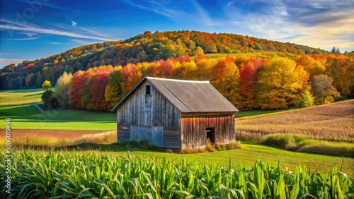 A rustic corn crib nestled amid vibrant green fields, framed by brilliant autumn foliage under a serene, clear blue sky, exuding peaceful countryside charm. photo