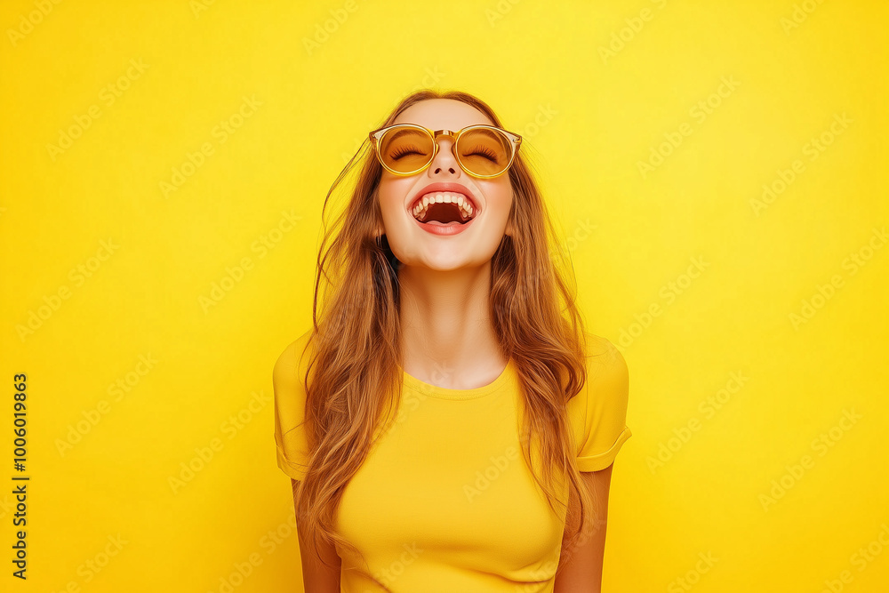 a woman wearing yellow glasses and a yellow tank top is smiling a woman wearing yellow glasses and a yellow tank top is smiling