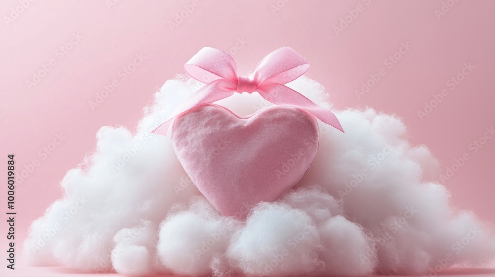 Pink heart with bow on fluffy clouds, soft pastel background Pink heart with bow on fluffy clouds, soft pastel background