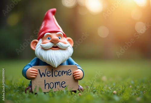 Lawn gnome holding a sign that reads Welcome home photo