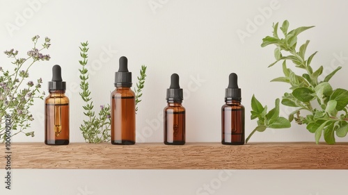 Elegant display of amber glass dropper bottles on a wooden shelf, adorned with fresh herbs, highlighting a natural and organic aesthetic.