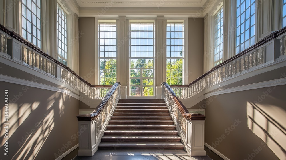 Obraz premium An interior architectural photograph of a grand staircase, with natural light streaming through large windows