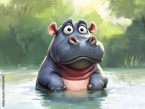 A charming and expressive digital depicting an adorable yet frustrated hippopotamus with a detailed and emotive facial expression showcasing the animal s unique personality and character photo