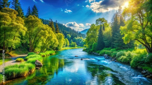 A serene landscape unfolds with a lush green forest, a clear blue sky above, and a tranquil river gracefully meandering through the vibrant scenery.