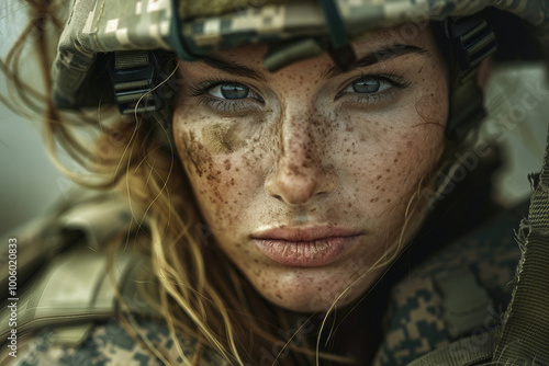 Generated with AI photo of brave beautiful woman soldier fighting war photo