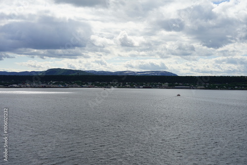 Alta Municipality, Finnmark, Norway - cloudy panorama view from balcony tender cruise position onto town located on the southern end of Altafjorden by river Altaelva photo