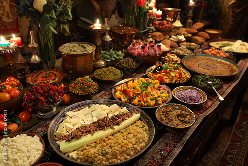 Sumptuous feast in a warm and cozy candlelit setting with diverse cuisine