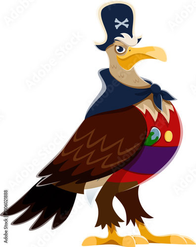 Cartoon eagle bird pirate or Caribbean captain in tricorne hat, vector character. Eagle bird pirate corsair in tricorn hat with crossbones and dagger sword, seaman boatswain zoo animal character