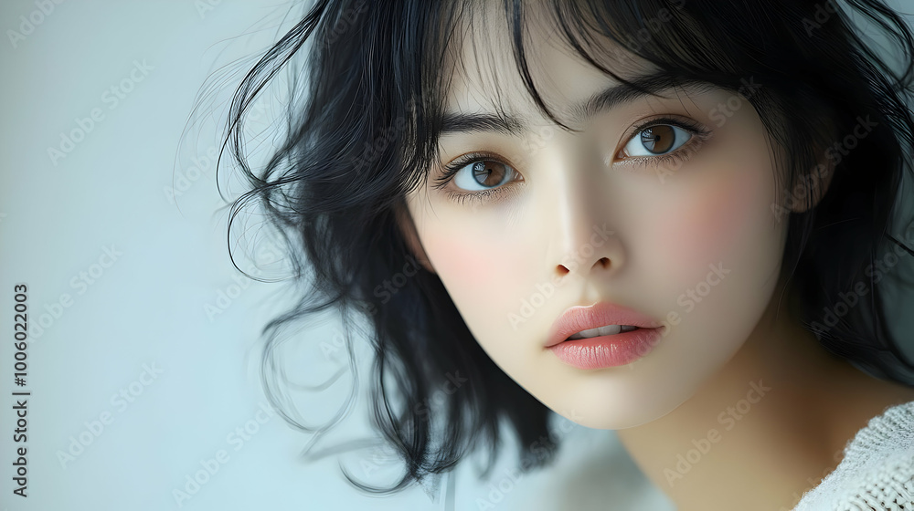 Close-Up Portrait of a Woman with Black Hair and Blushing Cheeks Close-Up Portrait of a Woman with Black Hair and Blushing Cheeks