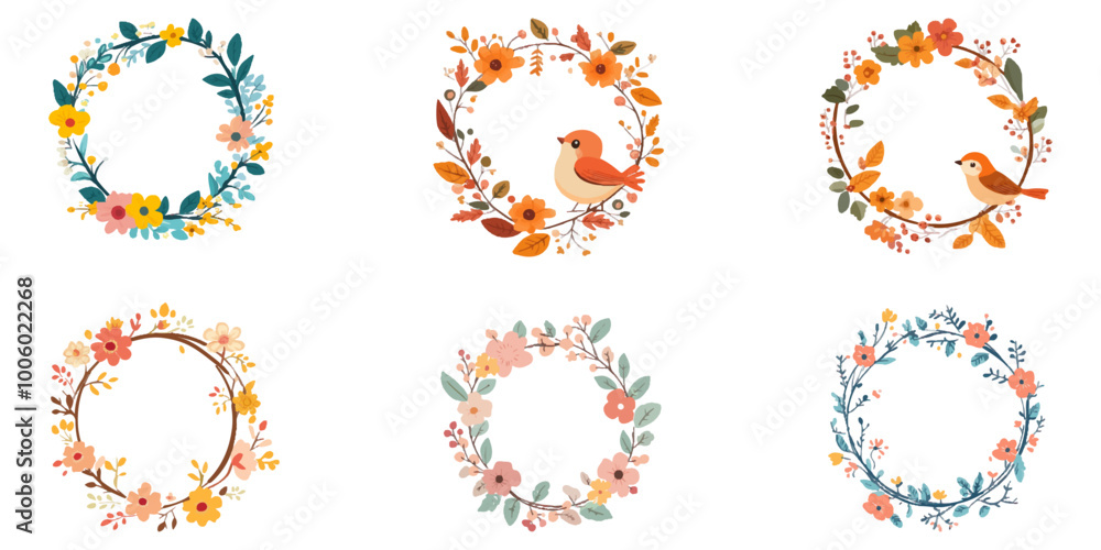 set of cute cartoon-style flower wreath with a bird on a white background set of cute cartoon-style flower wreath with a bird on a white background