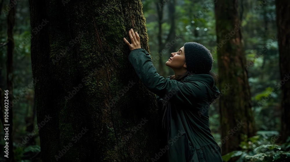 A person gently holding and kissing the trunk of an old tree in a forest, with moss on its bark, symbolizing care for nature A person gently holding and kissing the trunk of an old tree in a forest, with moss on its bark, symbolizing care for nature