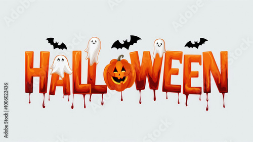 Halloween lettering calligraphy logo with jack-o-lantern pumpkin and bats