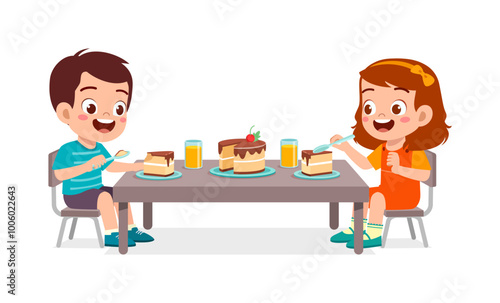 happy cute little kid boy and girl eat a birthday cake