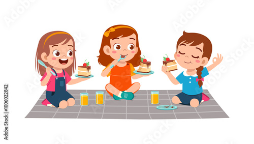 happy cute little kid boy and girl eat a birthday cake