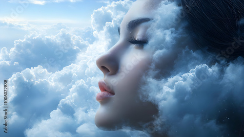 Dreamy Sky Clouds and Woman Face in Profile