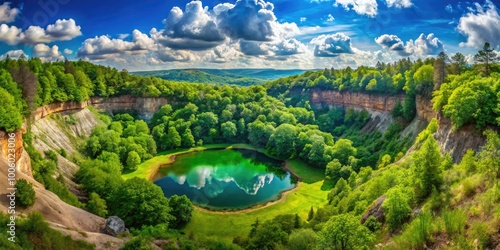 A stunning vista of Devil's Punch Bowl, enveloped in vibrant greenery and surrounded by breathtaking natural landscapes, creates a picturesque and tranquil escape into nature. photo