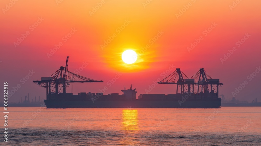 Busy logistics center at sunrise, with cranes loading containers onto a massive cargo ship bound for international trade. Busy logistics center at sunrise, with cranes loading containers onto a massive cargo ship bound for international trade.