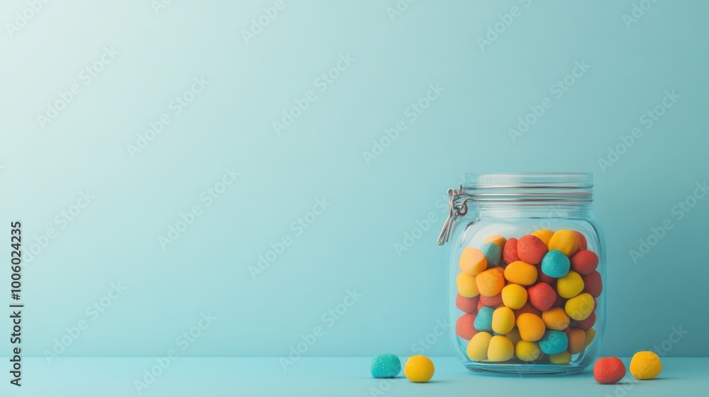 Candy jar filled with colorful sweets, set against a clean backdrop with space for text or branding. Candy jar filled with colorful sweets, set against a clean backdrop with space for text or branding.