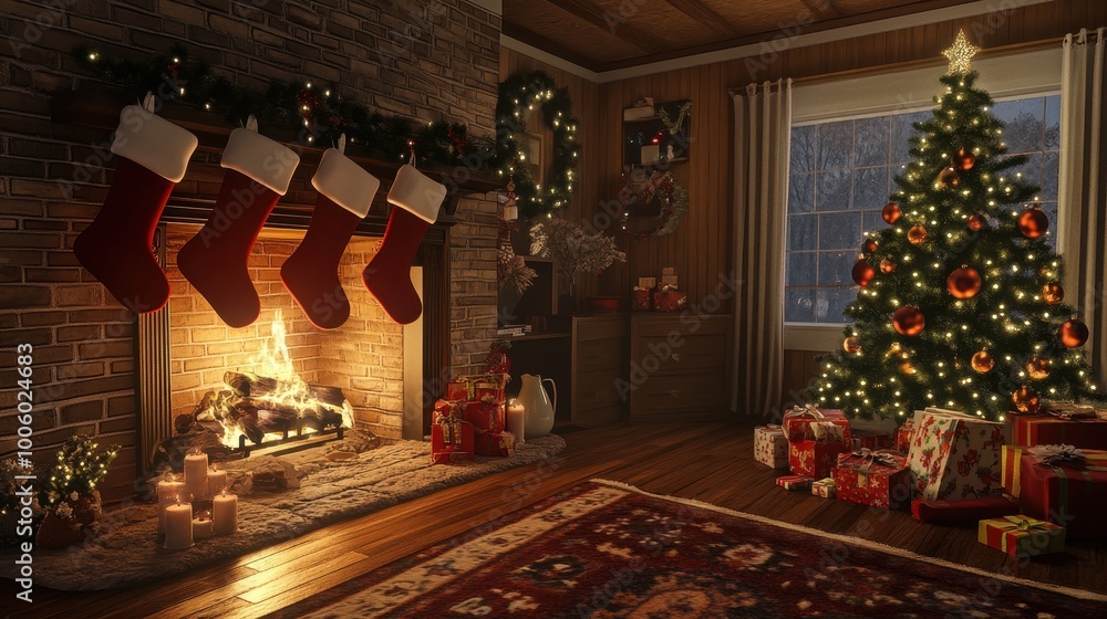 Cozy Christmas Eve Scene with Stockings and Tree Cozy Christmas Eve Scene with Stockings and Tree
