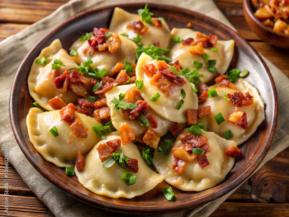 Traditional Polish pierogi topped with crispy bacon and caramelized onions Traditional Polish pierogi topped with crispy bacon and caramelized onions