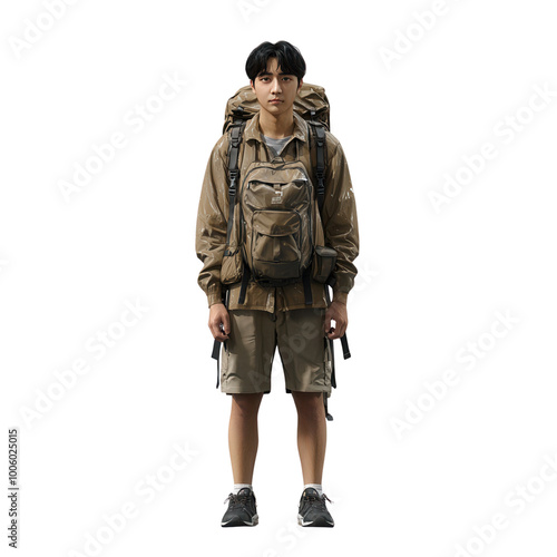 Young male hiker with backpack and outdoor gear, standing isolated on white background, ready for adventure and exploration isolate on transparency background