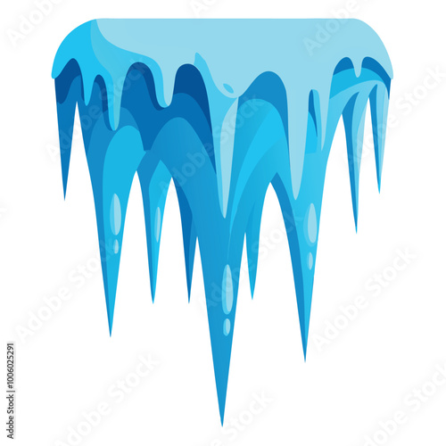 Digital illustration blue ice icicles melting cold weather. Isolated on white background.