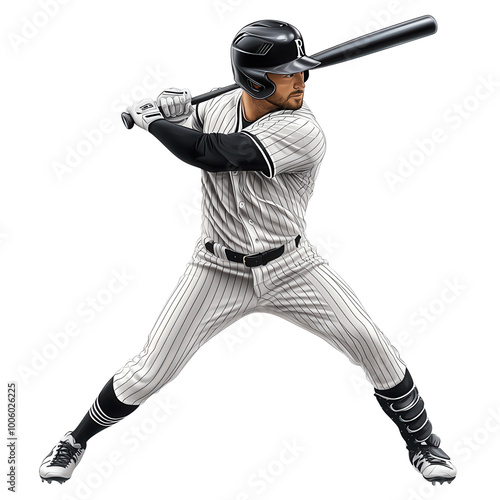 Baseball player in action, preparing to swing the bat. Athlete in uniform ready for batting. Dynamic sports moment on field isolate on transparency background photo