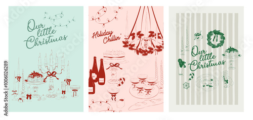 Collection of retro Christmas greeting or invitation card. Holidays poster. Food and drink. Editable vector illustration.