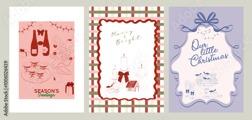Collection of retro Christmas greeting or invitation card. Holidays poster. Food and drink. Editable vector illustration.