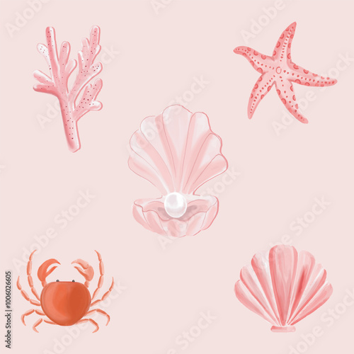 hand drawn watercolor sea world creatures illustration