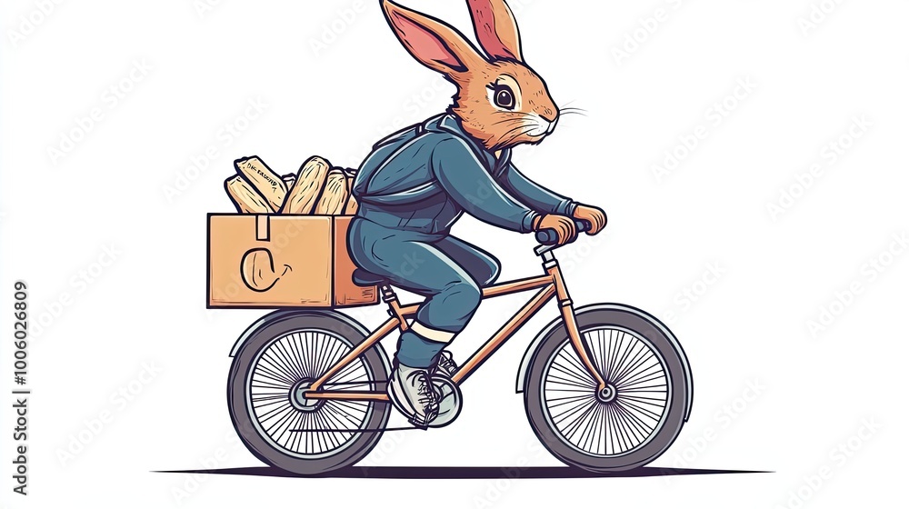 Fototapeta premium Cartoon Rabbit Delivering Package On A Bicycle