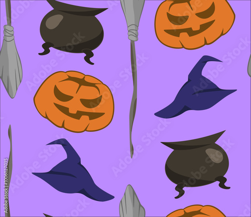 Seamless vector pattern for Halloween on a violet background. The pattern features orange pumpkins, blue hats, black cauldrons and grey brooms.