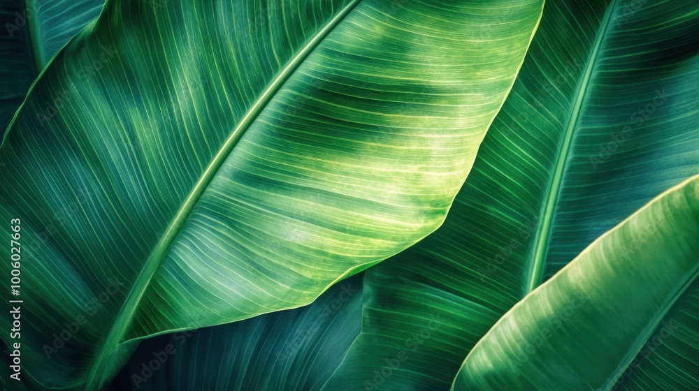 Close-up of a banana leaf, showcasing its rich green color and detailed natural textures. Close-up of a banana leaf, showcasing its rich green color and detailed natural textures.
