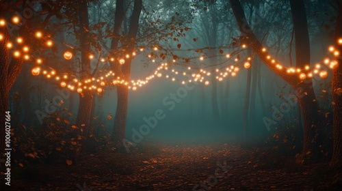 Discover a captivating autumn backdrop featuring twinkling lights in a mysterious forest. Perfect for Halloween themes and enchanting fall landscapes. photo