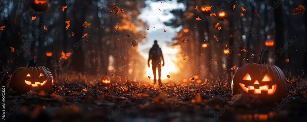 A solitary figure walks through a forest at sunset, surrounded by glowing jack-o'-lanterns, creating an eerie and mystical Halloween atmosphere. A solitary figure walks through a forest at sunset, surrounded by glowing jack-o'-lanterns, creating an eerie and mystical Halloween atmosphere.